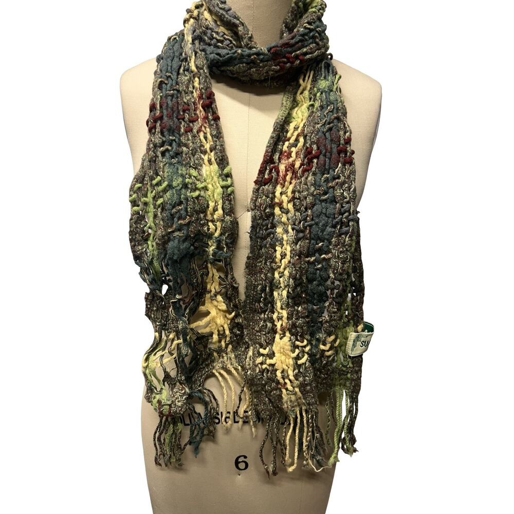 Suantrai Ireland Wool Scarf Multicolor Loose Open Weave Fringe Irish 8"x70"
